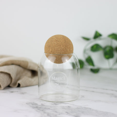 Glass tea jar with cork lid open - Magic T New Zealand